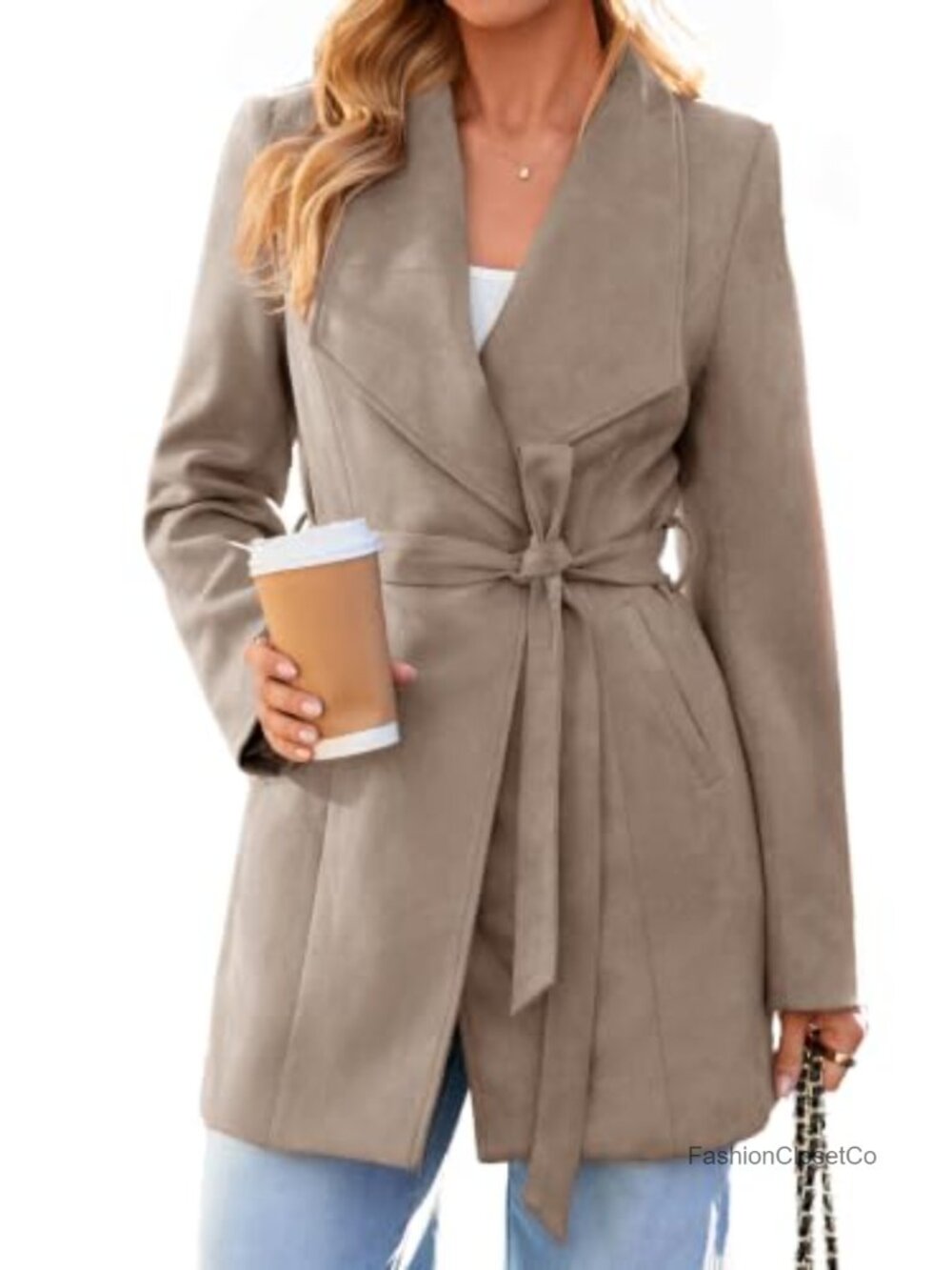 Faux Suede Trench Coat Tie Waist Open Front Lapel Collar Fall Outwear